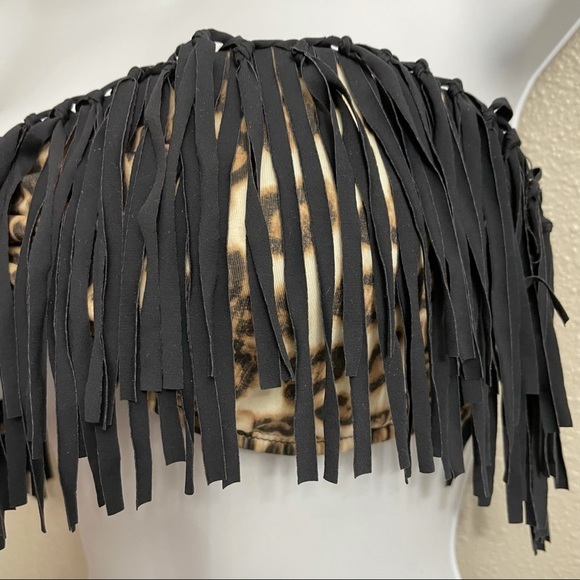 Guess Leopard Bandeau Bikini Top Only with Black Fringe Size Large - Picture 3 of 9